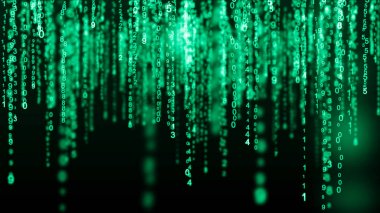 Dijital arka plan yeşil matris. İkili bilgisayar kodu. Hacker kavramı. 3d render