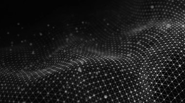 Veri teknolojisi illüstrasyon. Koyu arka plan üzerinde bağlantı noktaları ve çizgiler ile dalga. Parçacık dalgası. 3d render.