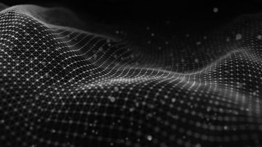 Veri teknolojisi illüstrasyon. Koyu arka plan üzerinde bağlantı noktaları ve çizgiler ile dalga. Parçacık dalgası. 3d render.