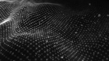 Veri teknolojisi illüstrasyon. Koyu arka plan üzerinde bağlantı noktaları ve çizgiler ile dalga. Parçacık dalgası. 3d render.