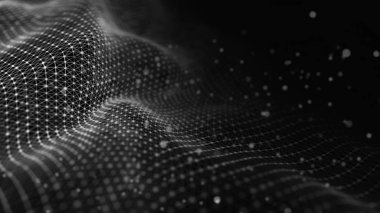 Veri teknolojisi illüstrasyon. Koyu arka plan üzerinde bağlantı noktaları ve çizgiler ile dalga. Parçacık dalgası. 3d render.
