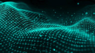 Veri teknolojisi illüstrasyon. Koyu arka plan üzerinde bağlantı noktaları ve çizgiler ile dalga. Parçacık dalgası. 3d render.