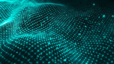 Veri teknolojisi illüstrasyon. Koyu arka plan üzerinde bağlantı noktaları ve çizgiler ile dalga. Parçacık dalgası. 3d render.