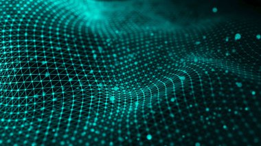 Veri teknolojisi illüstrasyon. Koyu arka plan üzerinde bağlantı noktaları ve çizgiler ile dalga. Parçacık dalgası. 3d render.