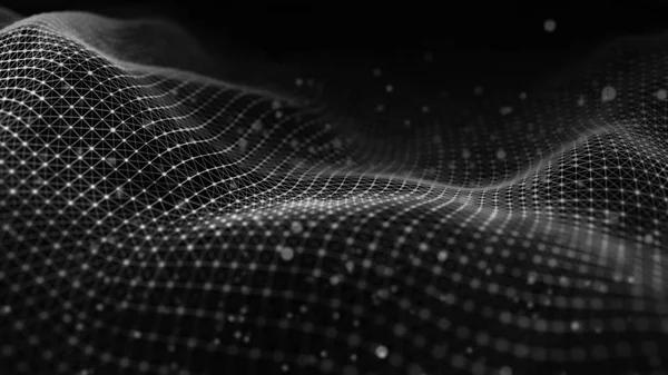 Απεικόνιση της τεχνολογίας δεδομένων. Κυματοειδές με συνδέσεις τελείες και γραμμές σε σκούρο φόντο. Κύμα σωματιδίων. απόδοση 3D. — Φωτογραφία Αρχείου