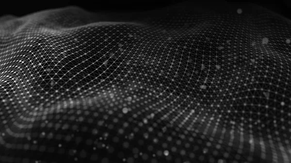 Ilustracja technologii danych. Wave z łączących kropki i linie na ciemnym tle. Fala cząstek. Renderowanie 3D. — Zdjęcie stockowe