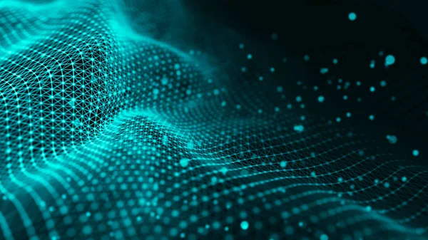 Απεικόνιση της τεχνολογίας δεδομένων. Κυματοειδές με συνδέσεις τελείες και γραμμές σε σκούρο φόντο. Κύμα σωματιδίων. απόδοση 3D. — Φωτογραφία Αρχείου