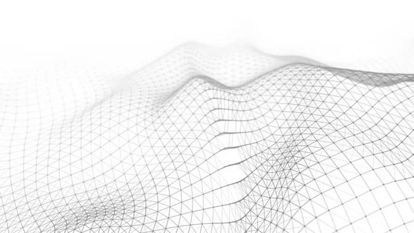 波白の背景。抽象的な白い未来的な背景。暗い背景に接続ドットと線と波。粒子の波3D レンダリング. — ストック写真