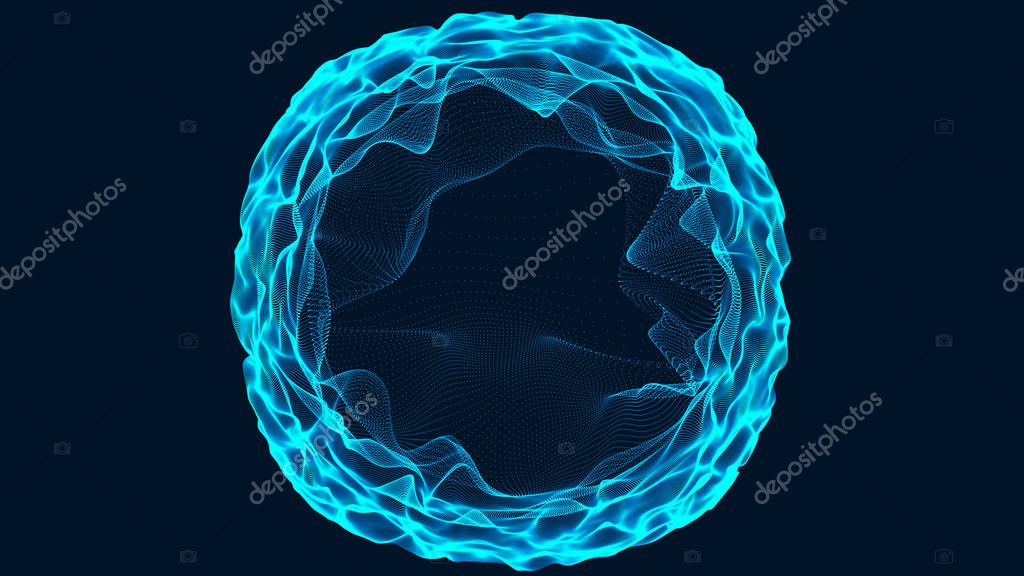 Tunnel or wormhole. Abstract sphere, consisting of points. Space-time portal. Grid texture. 3d rendering.