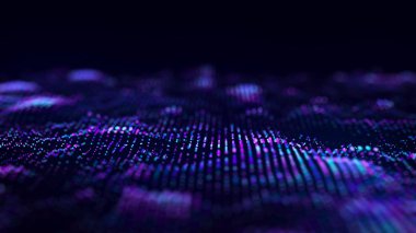 Veri teknolojisi illüstrasyon. Soyut fütüristik arka plan. Karanlık arka planda noktalarla dalga dalgala. Parçacık dalgası. 3d render.