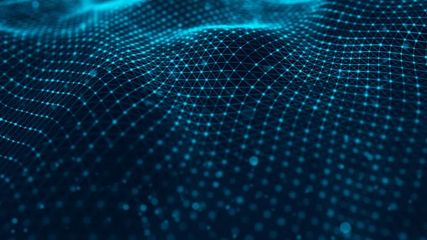 Parçacık dalgası. Fütüristik mavi nokta arka plan dinamik bir dalga ile. Büyük veri. 3d render.