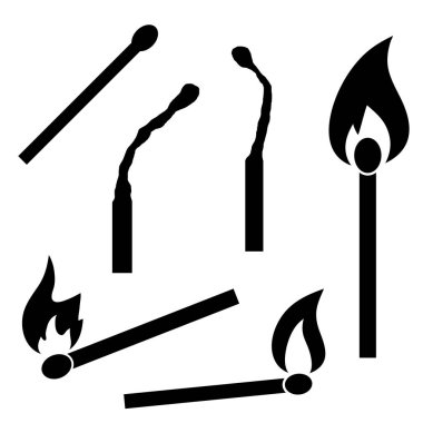 Yanan ve yanmış kibritler. Beyaz arka planda yalıtılmış vektör simgeleri.