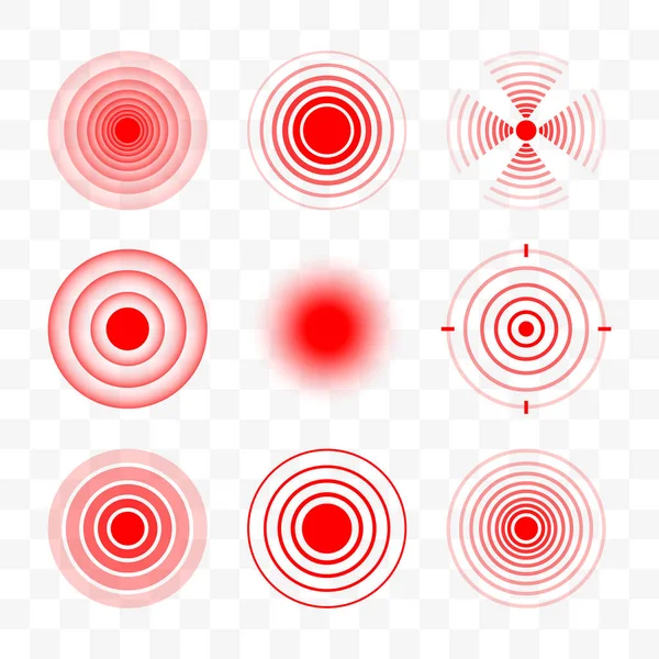 Set van medische pijn cirkel. Rode vector symbool van pijn plaats. — Stockvector