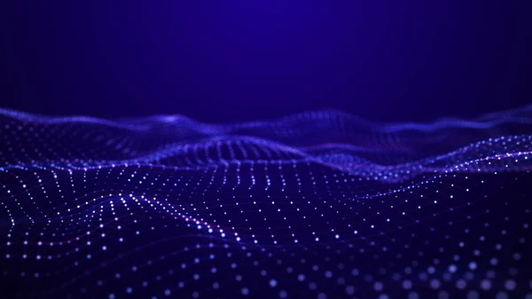 Welle von Teilchen. futuristische blaue Punkte Hintergrund mit einer dynamischen Welle. Big Data. 3D-Darstellung. — Stockfoto