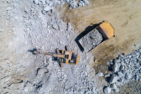 Aerial View Truck Bulldozer Working Stone Mine — Stock Photo, Image