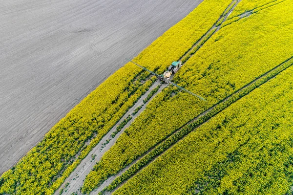 Luchtfoto Trekker Spuiten Het Herbicide Het Veld Geel Koolzaad — Stockfoto