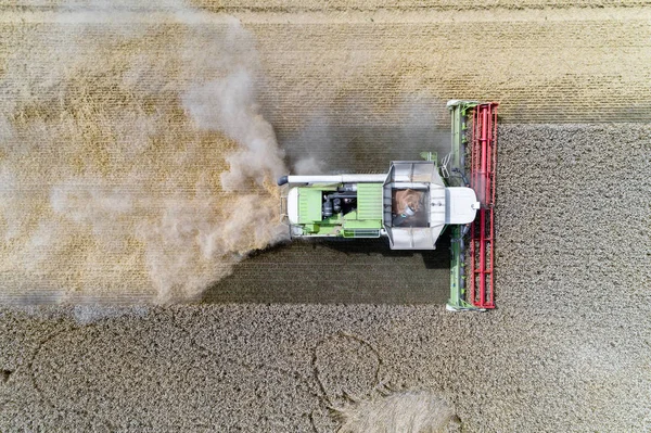 Vista Aérea Colheitadeira Que Trabalha Campo Trigo — Fotografia de Stock