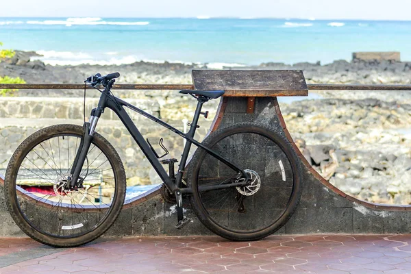 바닷가 산책로 가장자리에 있는 검은 자전거 — 스톡 사진