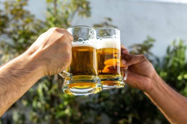 Bir tost bira kupaları ile kaldırdı iki kol odaklanmamış bir bahçe arka plan ile poz