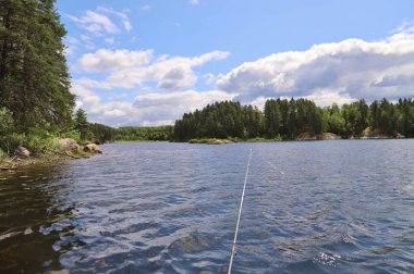 Gündüz vakti yeşil ağaçlarla çevrili göl manzarası 