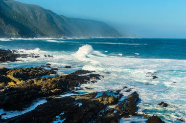 Tsitsikamma Milli Parkı, manzara Hint okyanus dalgaları, kayalar. Güney Afrika, Garden Route, Eastern Cape. Güney Afrikalı manzara