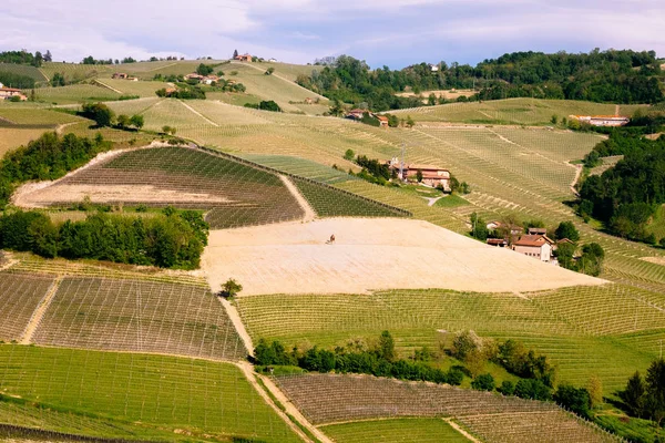 Langhe vineyards landscape. Springtime scene. Viticulture in Barolo, Piedmont, Italy, Unesco heritage. Dolcetto, Nebbiolo, Barbaresco red wine.