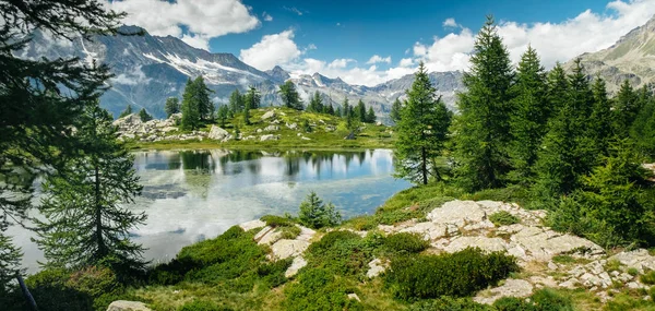 Bergmeer Landschap Met Groene Bomen Rond Reflecties Het Water Gevoel — Stockfoto