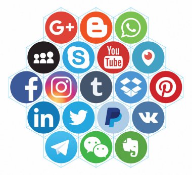 Kazan, Rusya - 26 Ekim 2017: Kağıda basılmış popüler sosyal medya logolarının toplanması: Facebook, Twitter, Linkedin, Instagram, Whatsapp, Youtube, Blogger ve diğer
