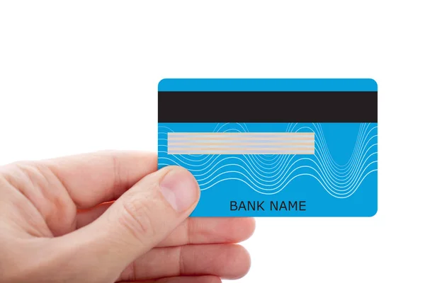 Beyaz arka planda el ele tutuşan kredi kartı