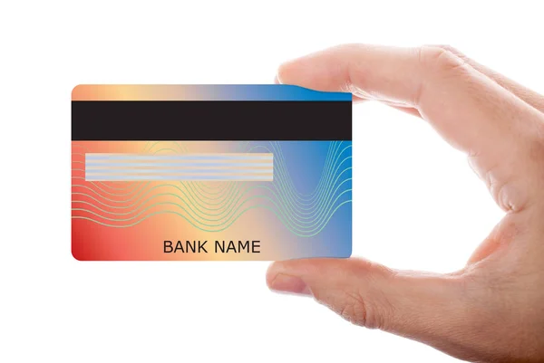 Beyaz arka planda el ele tutuşan kredi kartı
