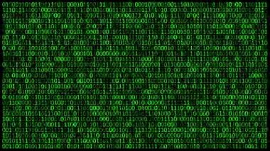 İkili kodlar 0 ve 1 ekranda, hızlı değişiyor. Siber güvenlik kavramı.