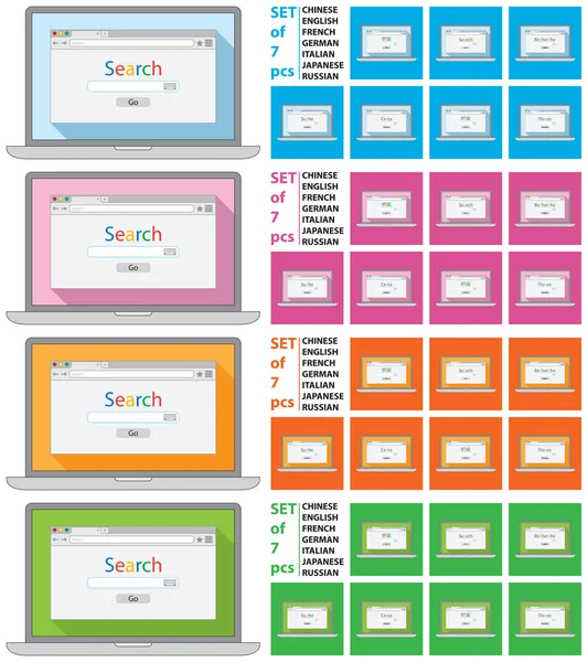 Düz stil tarayıcı penceresi ile vektör gerçekçi dizüstü bilgisayar seti