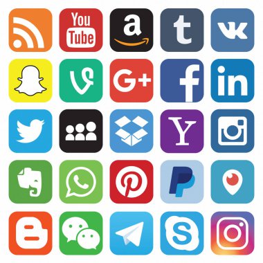Kazan, Rusya - 26 Ekim 2017: Kağıda basılmış popüler sosyal medya logolarının toplanması: Facebook, Twitter, Linkedin, Instagram, Whatsapp, Youtube, Blogger ve diğer