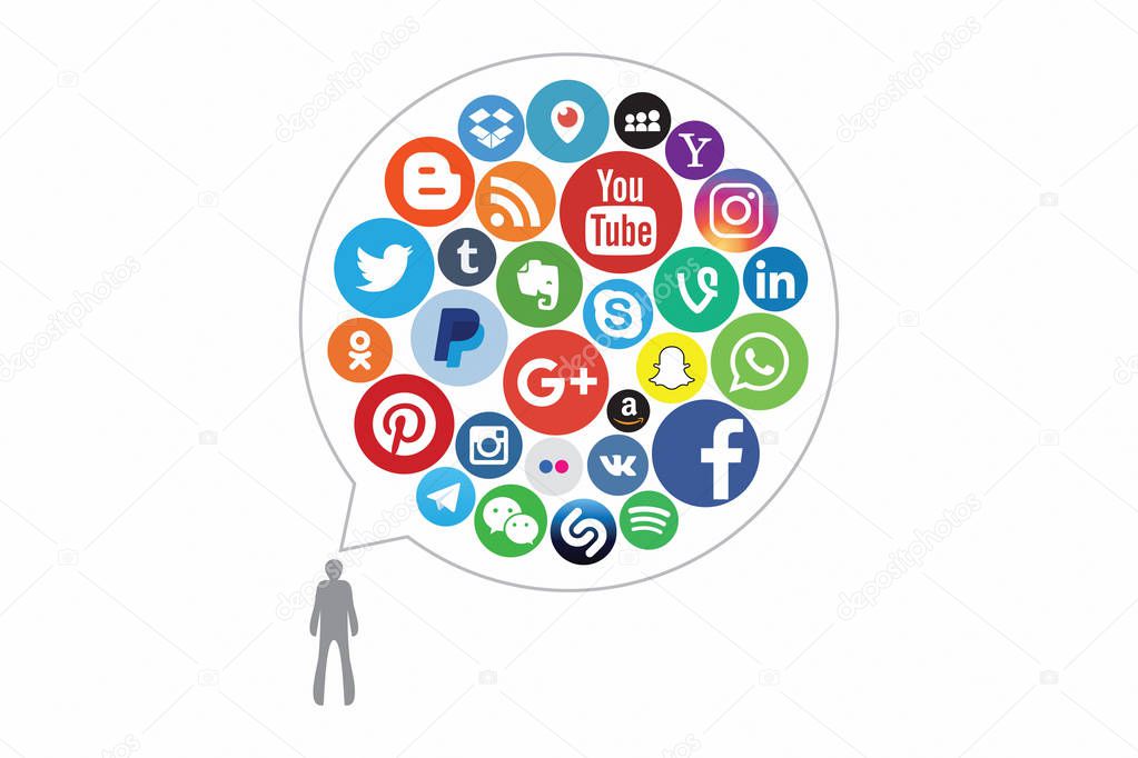 KAZAN; RUSSIA - October 26; 2017: Collection of popular social media logos printed on paper: Facebook; Twitter; LinkedIn; Instagram; WhatsApp; Youtube; Blogger and others