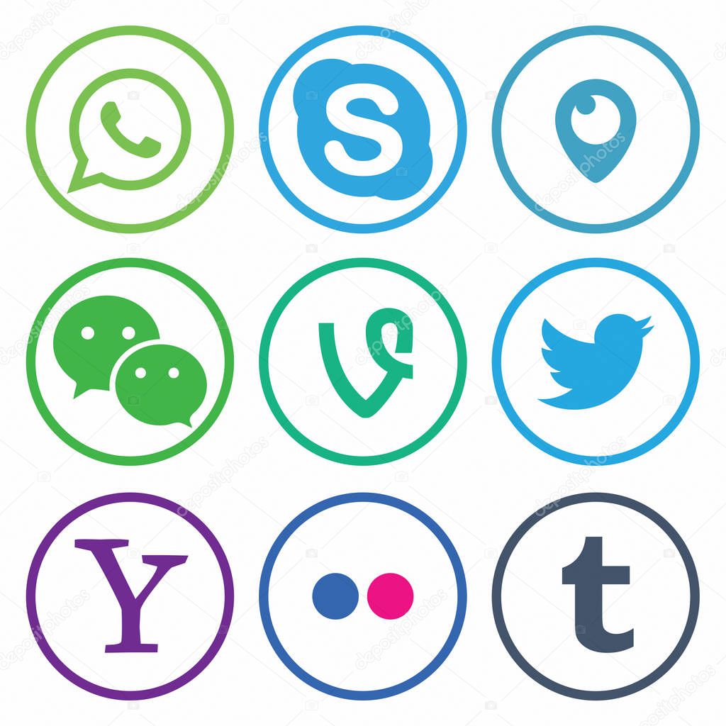 KAZAN; RUSSIA - October 26; 2017: Collection of popular social media logos printed on paper: Facebook; Twitter; LinkedIn; Instagram; WhatsApp; Youtube; Blogger and others