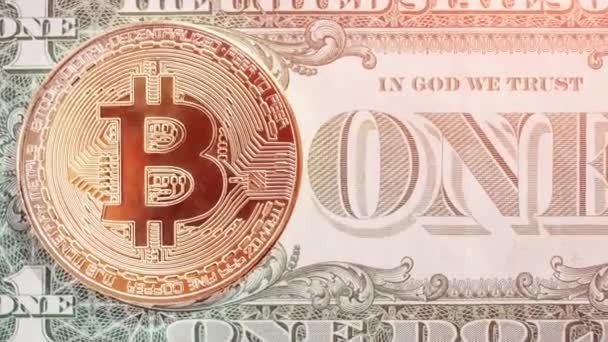 Motion shot di moneta di bitcoin sulla banconota da un dollaro — Video Stock