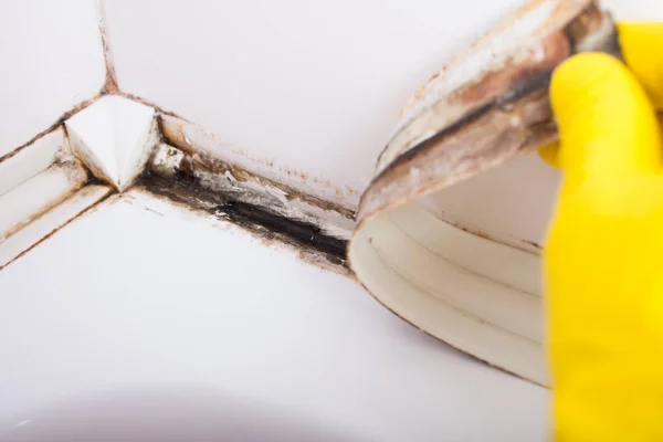 Küf ve küf kaplı dolgu ile bir banyo duş kirli fayans