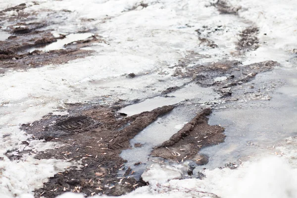 Deep puddle with lumps snow melts on the road in the city, during the melting of snow