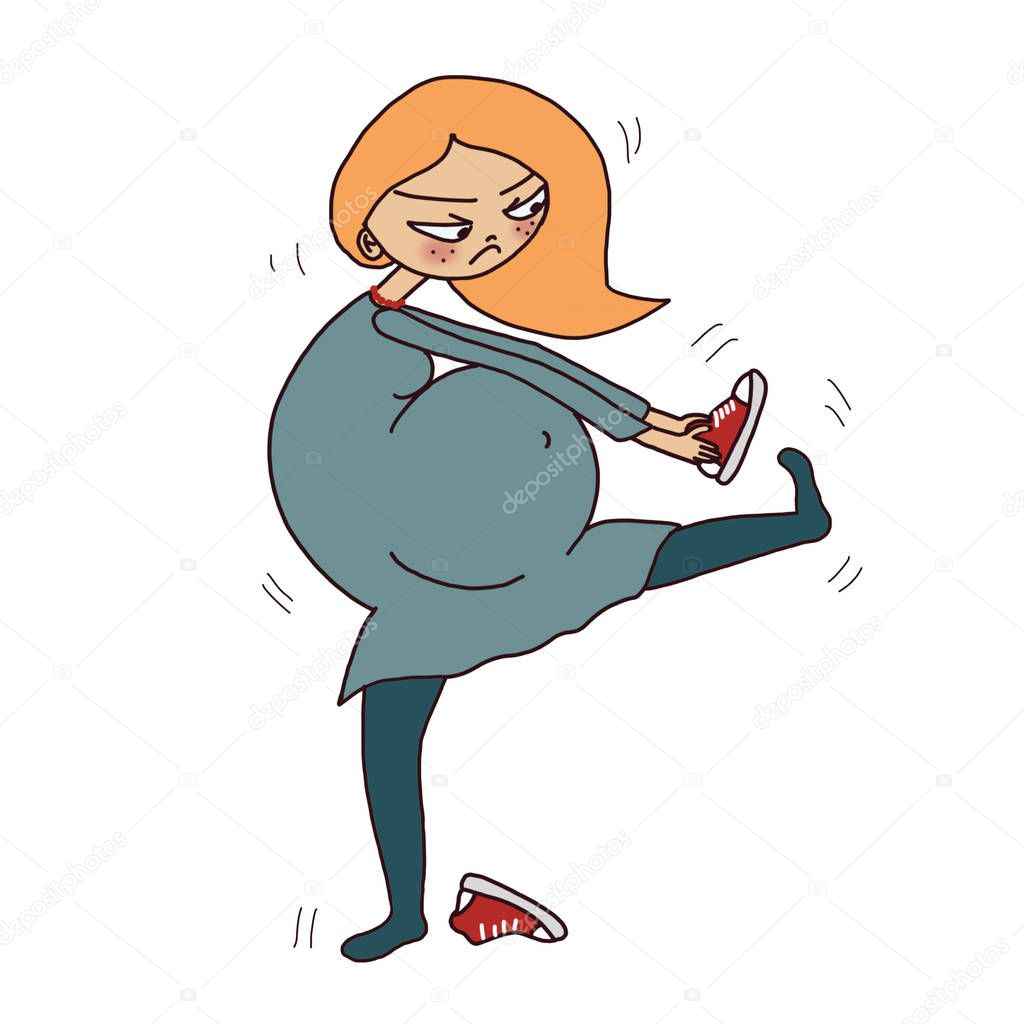 A pregnant woman tries to bend over to put on shoes, but her very big belly hinders her and she gets angry,cartoon card about problems and curious situations during pregnancy