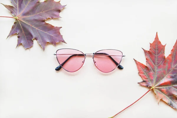Jesienna Koncepcja Mody Różowych Okularów Przeciwsłonecznych Liści Klonu Jasnym Beżowym — Zdjęcie stockowe