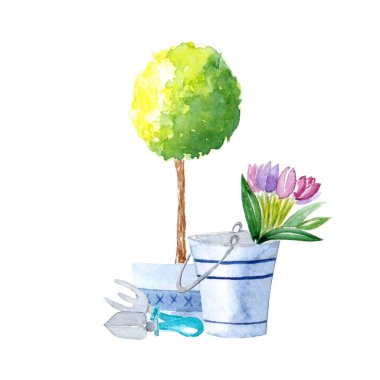 Suluboya bahçe aletleri. Bitkiler, kuşlar ve çiçekler, yaz düğün davetiyeleri için mükemmel kompozisyon kolaj ve kartları oluşturma.