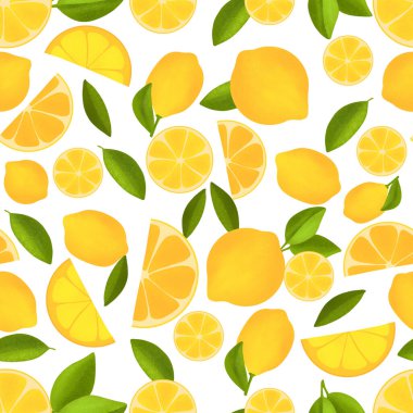 Limonlu ve yapraklı yaz deseni. Kusursuz doku tasarımı. Dilimlenmiş ve yapraklı sulu portakal. Taze narenciye tohumu ve yarımlar.