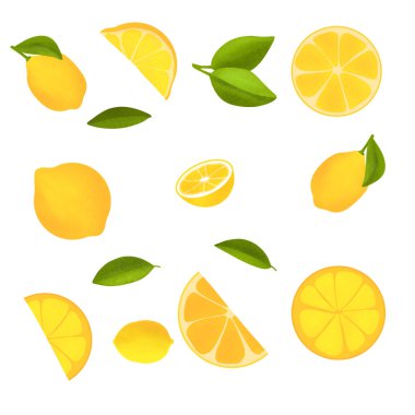 Dilimlenmiş ve yapraklı sulu limon. Taze narenciye tohumu ve beyaz arka planda izole edilmiş yarımlar..