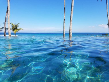 Bir tatil Bali, Endonezya Candidasa plajda Hint Okyanusu'na bakan bir sonsuzluk havuzunda yansıyan palmiye ağaçları