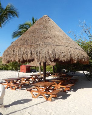 Yemek odası sandalye seyahat arka plan için Cancun, Meksika, Riviera Maya üzerinde Karayip bir plajda palmiye yaprak saman şemsiye, ahşap Bank ile açık.