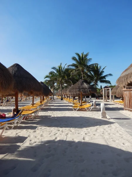 Palmiye yaprak hasır şemsiyeler ve katlanır şezlong sandalye seyahat arka plan için Cancun, Meksika, Riviera Maya üzerinde Karayip bir plajda.