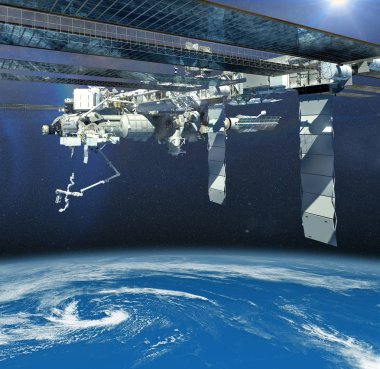 Dünya üzerinde uçan Uluslararası Uzay İstasyonu 'nun üç boyutlu görüntüsü detaylı modüler mimarisini gösteriyor. Bu görüntünün elementleri NASA tarafından desteklenmektedir.