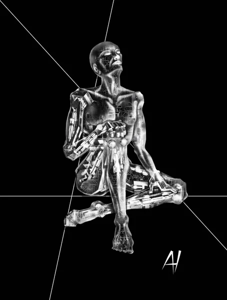 Artificial Intelligence Dreaming Robot Circuitry Form Mechanical Mesh Pistons Metallic — Stock Photo, Image