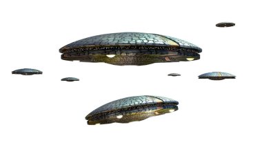 3D illustrations of an UFO in several images adjusted for perspective, for science fiction artwork or interstellar deep space travel. Clipping path included in the file. clipart