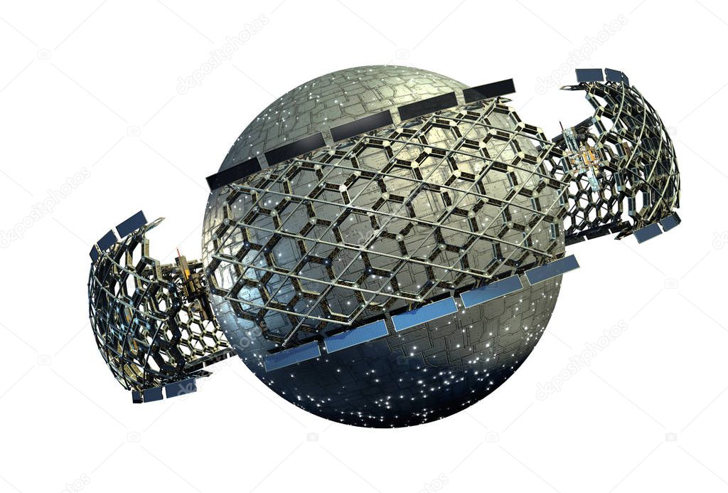 3D Illustration of spaceship with a honeycomb geodesic structure surrounding a central metallic sphere, for science fiction artwork or video game backgrounds. Clipping path included in the file.